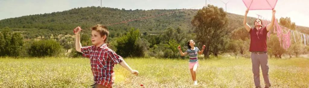 Children flying a kite in a green meadow